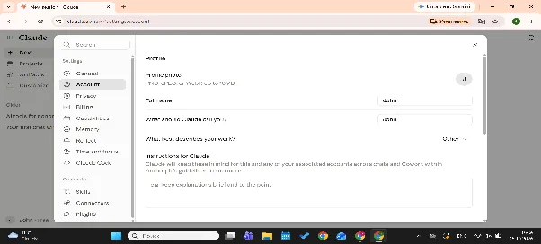 Claude Settings on the Account tab with profile fields and the box for standing instructions to Claude