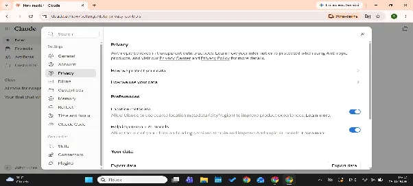 Claude Settings on the Privacy tab with the model-improvement and location toggles