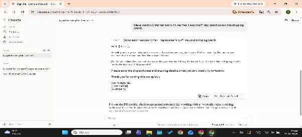 Claude’s revised supplier email after a request to make version two shorter and warmer while keeping the Friday deadline